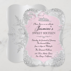 Silver Pink Winter Snowflake Sweet 16 Einladung
