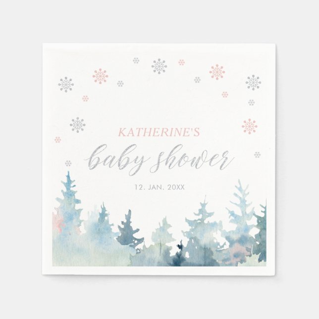 Silver & Pink Winter Wonderland Snow Baby Dusche Serviette (Vorderseite)