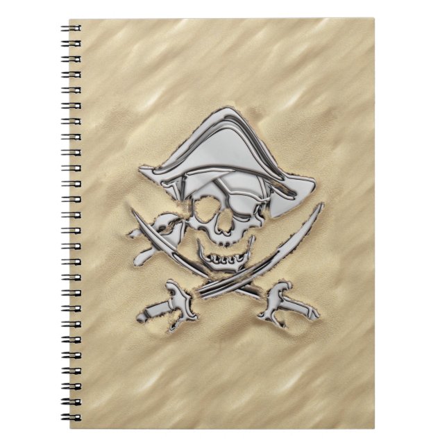 Silver Pirate Skull in Sand Notizblock (Vorderseite)