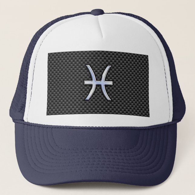 Silver Pisces Zodiac Sign auf Carbon Fibre Print Truckerkappe (Vorderseite)