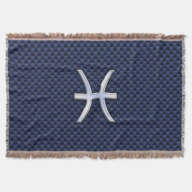Silver Pisces Zodiac Sign Blue Carbon Fibre Print Decke (Vorderseite)