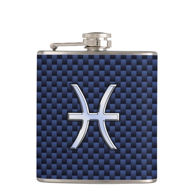 Silver Pisces Zodiac Sign Blue Carbon Fibre Print Flachmann (Vorderseite)