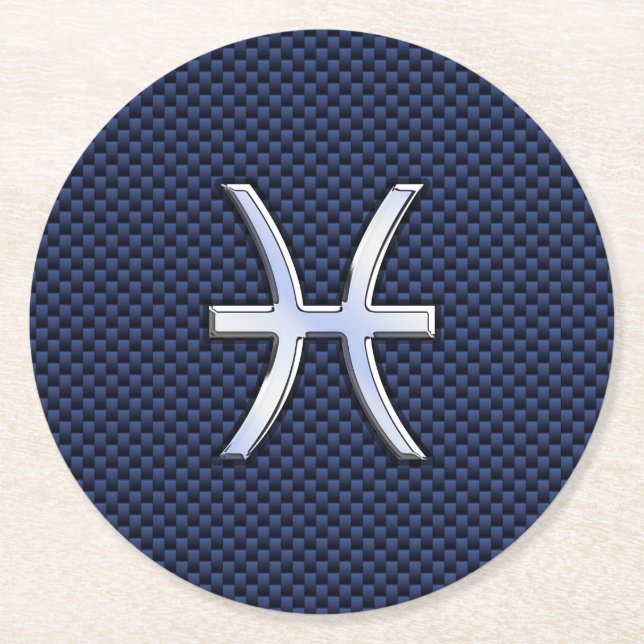 Silver Pisces Zodiac Sign Blue Carbon Fibre Print Runder Pappuntersetzer (Vorderseite)