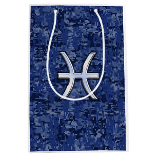Silver Pisces Zodiac Symbol Navy Blue Digital Camo Mittlere Geschenktüte