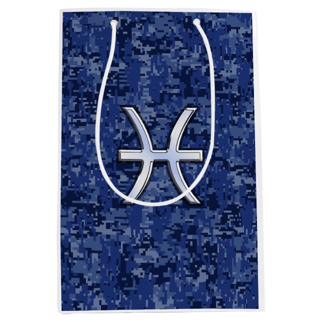 Silver Pisces Zodiac Symbol Navy Blue Digital Camo Mittlere Geschenktüte (Vorderseite)