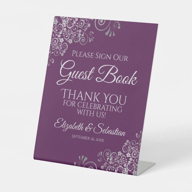 Silver & Plum Please Sign our Guest Book Sign Sockelschild (Vorderseite)