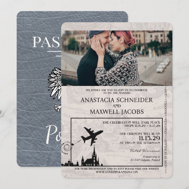 Silver Poland Passport Hochzeitseinladung Einladung (Vorne/Hinten)