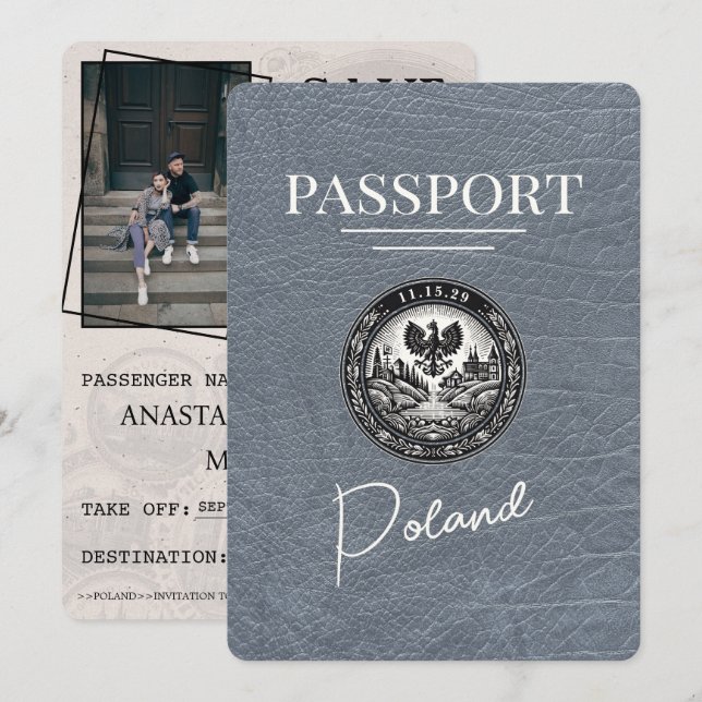 Silver Poland Passport Save the Date (Vorne/Hinten)