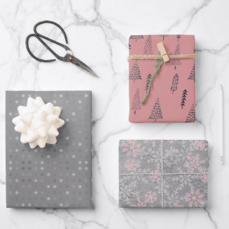 Silver Polka Dot Silver Christmas Trees Schneefloc Geschenkpapier Set