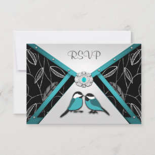 Silver & Pool Blue Love Birds Wedding RSVP Cards Karte