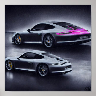 Silver Porsche Car auf der Rainy Night Poster