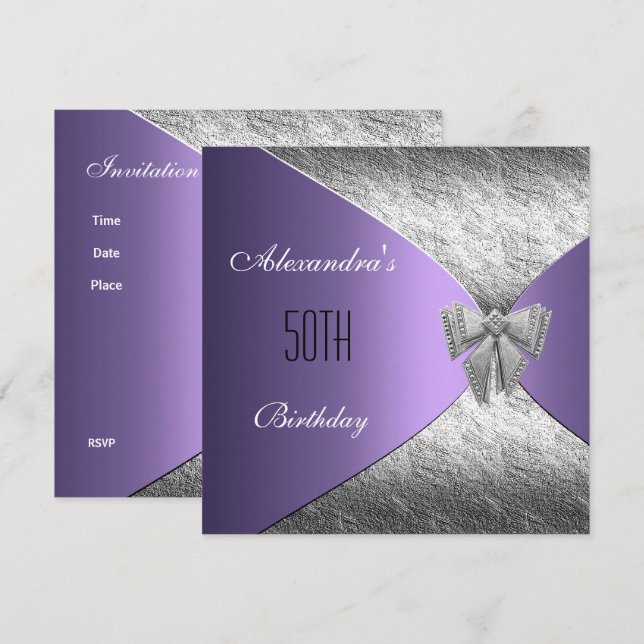 Silver Purple 50e anniversaire Invitation Floral (Devant / Derrière)
