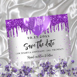 Silver purple balloons glitter birthday party save the date<br><div class="desc">A girly and trendy Save the Date for a 18th (or any age) birthday party. A faux silver looking background decorated with purple faux glitter and balloons.  Personalize and add a date and name/age. The text: Save the Date is written with a large trendy hand lettered style script.</div>