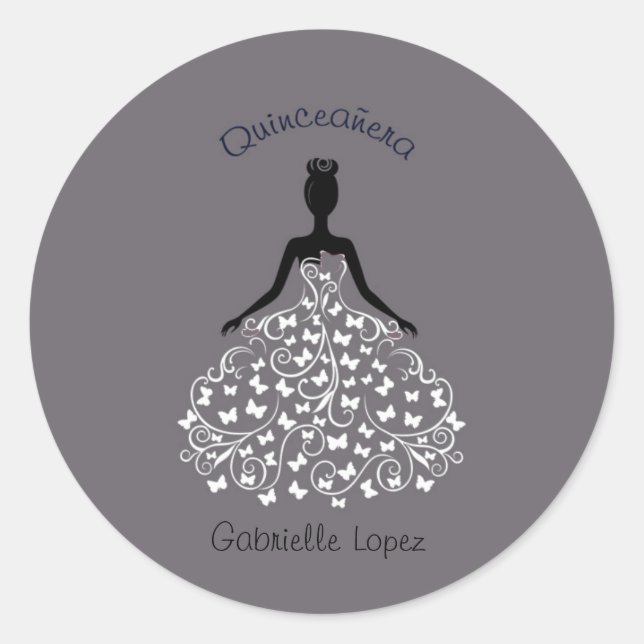 Silver Quinceanera Butterfly Gown Umschlag Aufkleb Runder Aufkleber (Vorderseite)