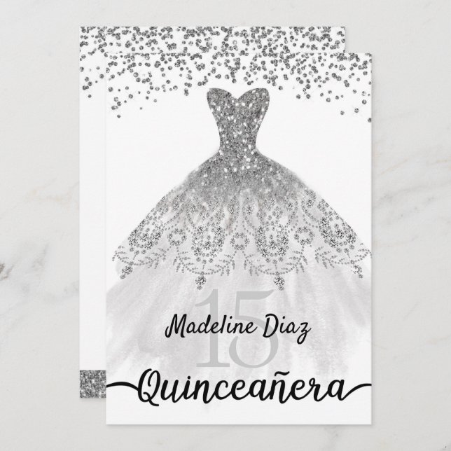 Silver Quinceanera Geburtstag Einladung Cumpleanos (Vorne/Hinten)