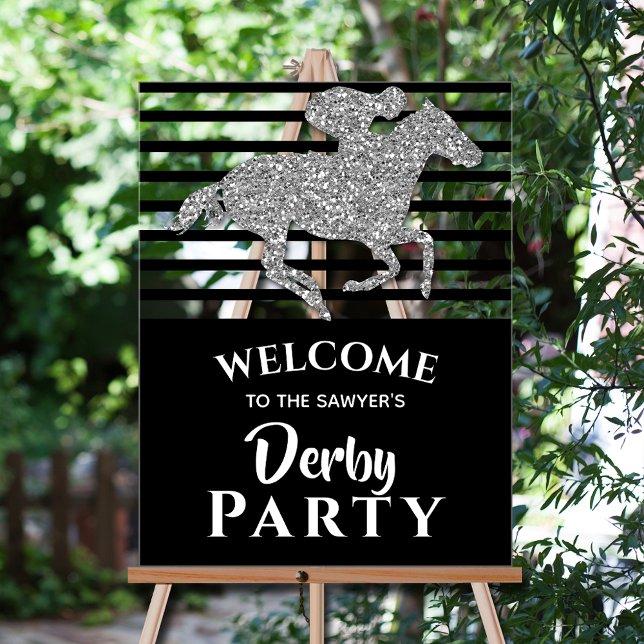 Silver Racehorse Black Stripes Derby Willkommen Acrylschild (Silver faux glitter racehorse black stripes Derby party welcome acrylic sign)
