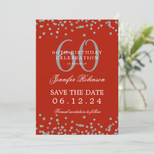 Silver Red 60. Geburtstag Rett Datum Confetti Einladung