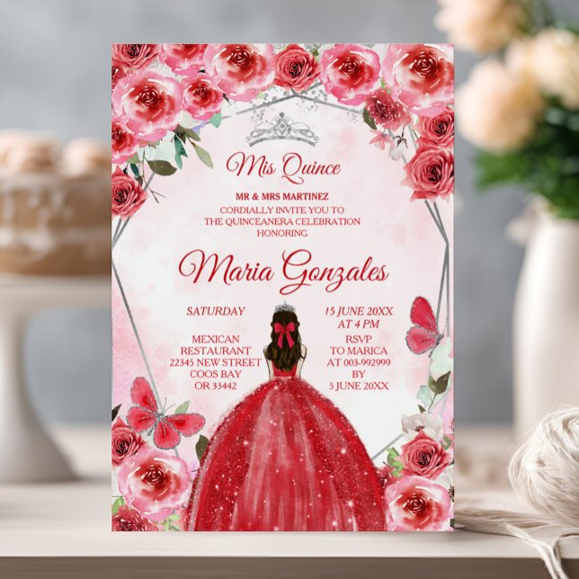 Silver Red Blume Mexican Girl Sweet 15. Einladung (Von Creator hochgeladen)