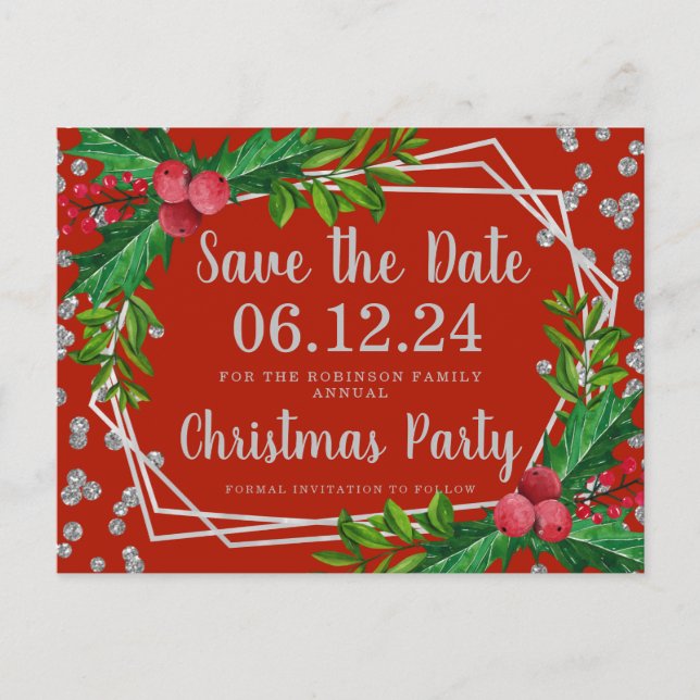 Silver Red Christmas Rett Date Holly Glitzer Ankündigungspostkarte (Vorderseite)