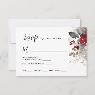 Silver Red Christmas Winter Floral Wedding RSVP Karte