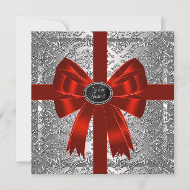 Silver Red Damask Corporate Weihnachtsfest Party Einladung (Vorderseite)