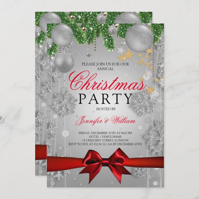 Silver & Red Glam Weihnachtsfeier Einladung (Vorne/Hinten)