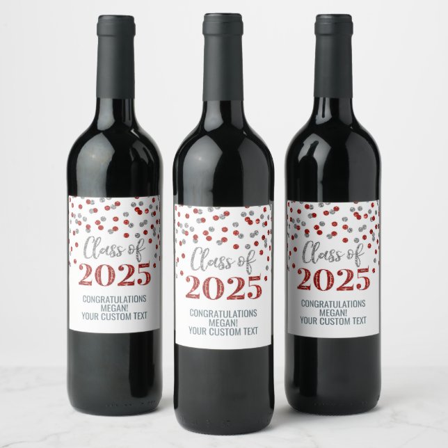 Silver Red Glitzer Class of 2025 Abschluss Weinetikett (Flaschen)