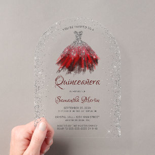Silver Red Glitzer Dress Script Quinceañera Party Acryleinladungen