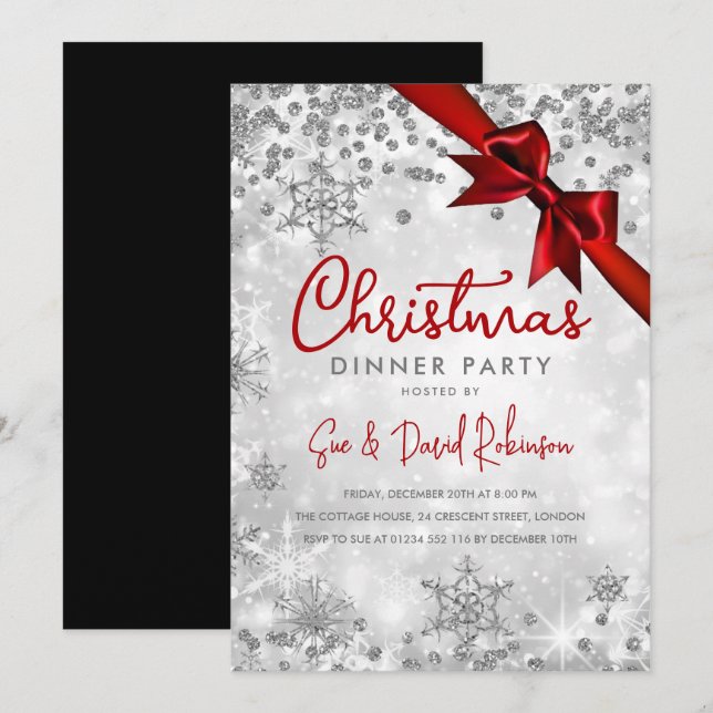 Silver Red Glitzer Ribbon Xmas Winterurlaub Einladung (Vorne/Hinten)