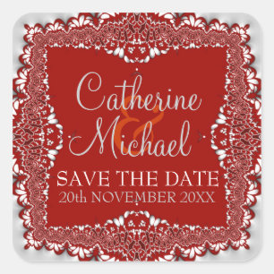 Silver+Red Lace Wedding Save the Date Sticker