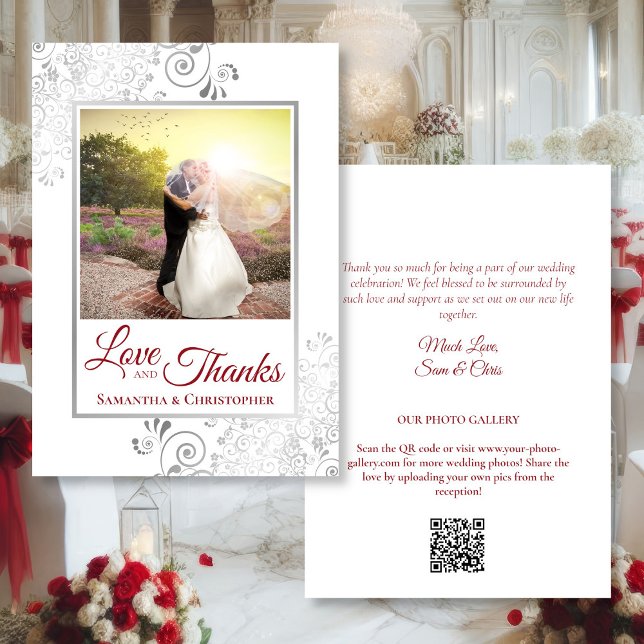Silver & Red Love & Merci Photo QR Code Mariage (Front/Back)