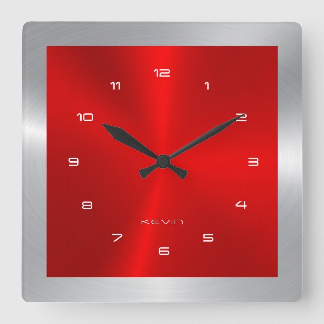 Silver & Red & Metallic Stainless Steel Square Quadratische Wanduhr (Vorderseite)