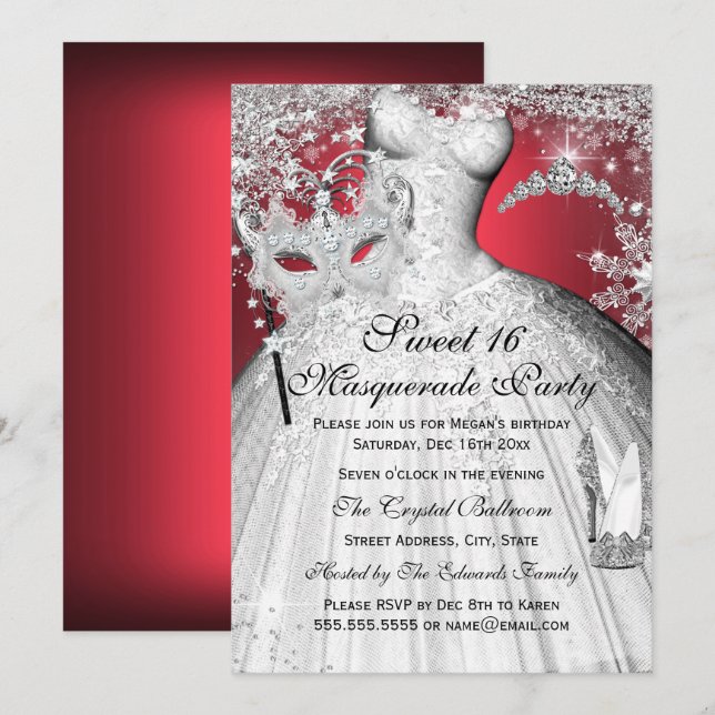 Silver Red Princess Masquerade Sweet 16 Invitation (Devant / Derrière)