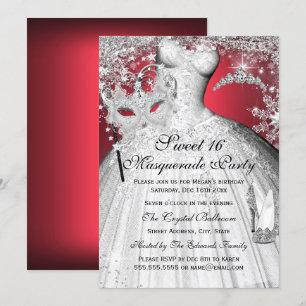 Silver Red Princess Masquerade Sweet 16 Invitation