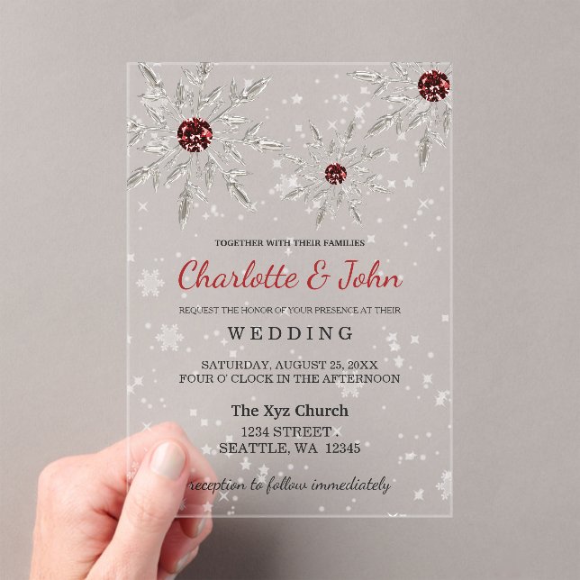 Silver Red Snowflakes Winter Wedding Acryleinladungen (Insitu (Handheld))