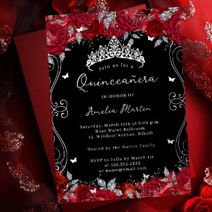 Silver Red Swirl Scroll Floral Quinceanera Folieneinladung