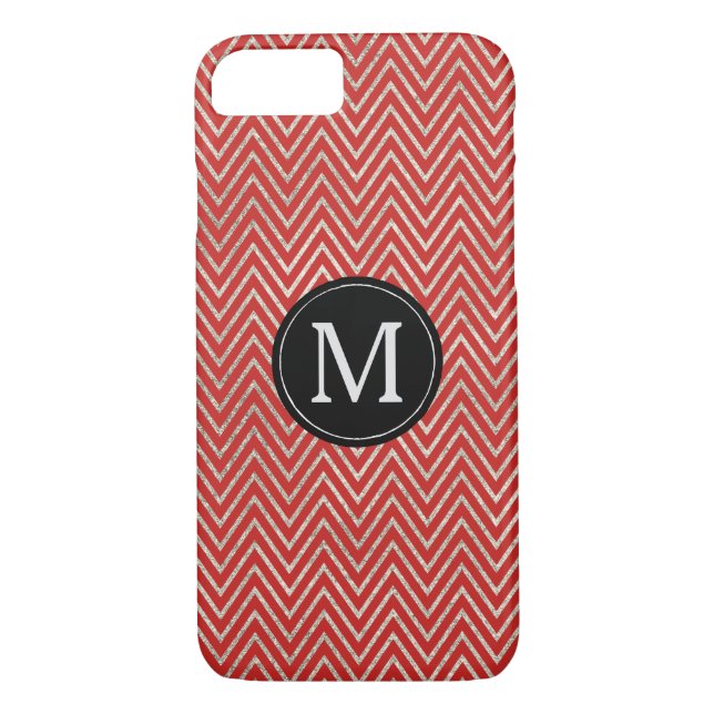 Silver Red Zickzack Stripes Monogramm Case-Mate iPhone Hülle (Rückseite)