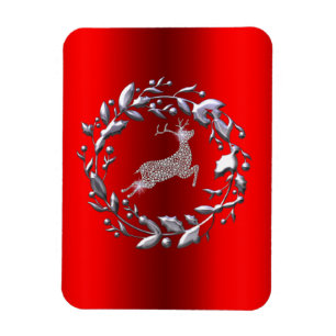 Silver Reindeer am Roten Weihnachten Magnet