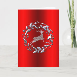 Silver Rentier and Wreath Red Christmas Karte