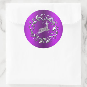 Silver Rentier und Wreath Lila Weihnachten Runder Aufkleber