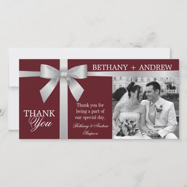 Silver Ribbon Burgundy Wedding Vielen Dank Dankeskarte (Vorderseite)