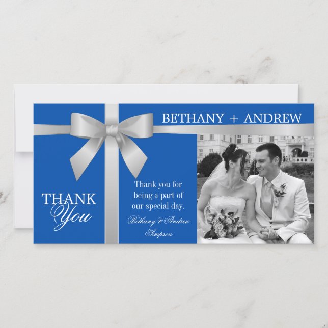 Silver Ribbon Royal Blue Wedding Vielen Dank Dankeskarte (Vorderseite)