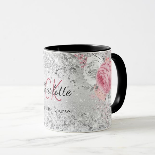 Silver rosa Flora elegante Monogramm-Bezeichnung Tasse (VorderseiteRechts)