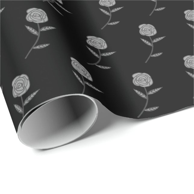 Silver Rose Ditsy Floral Black Holiday Geschenk Geschenkpapier (Rolleneckpunkt)