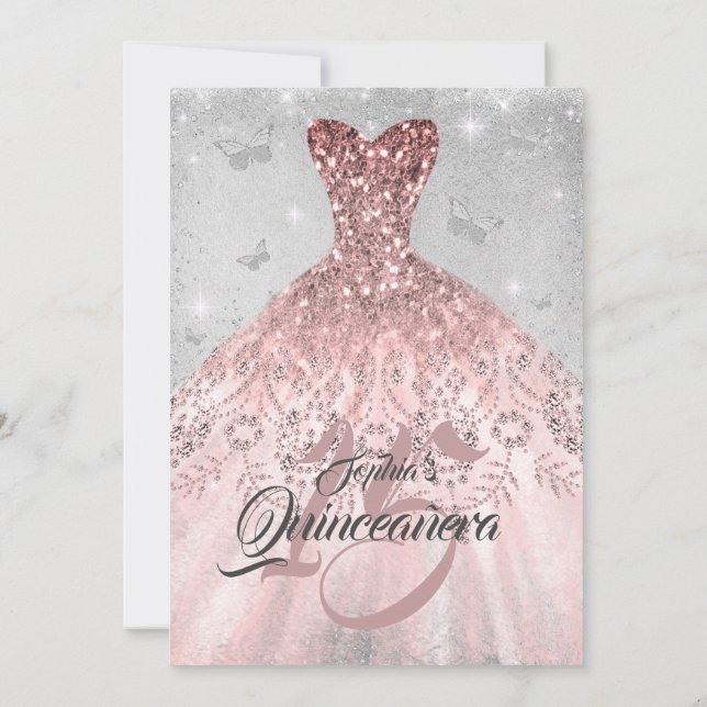 Silver Rose Gold Butterfly Kleid Quinceanera Einladung (Rückseite)