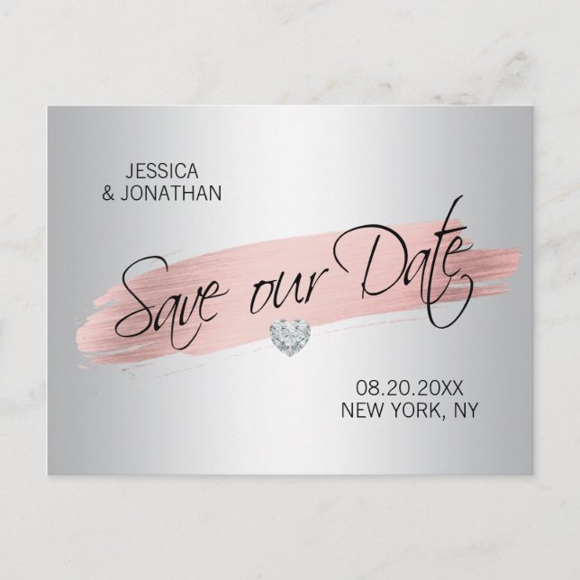 Silver Rose Gold Foil Wedding RETTE UNSER DATUM Ankündigungspostkarte (Vorderseite)