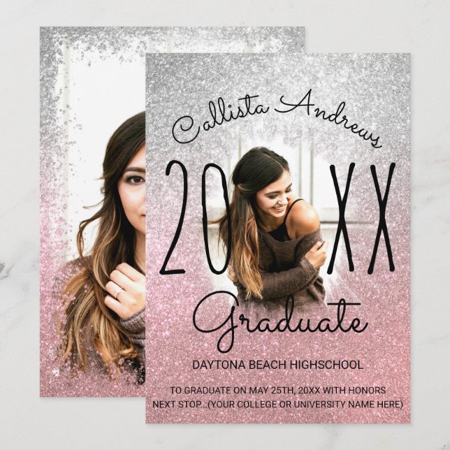 Silver Rose Gold Glitzer Ombre Foto Abschluss Ankündigung (Vorne/Hinten)
