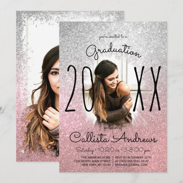 Silver Rose Gold Glitzer Ombre Foto Abschluss Einladung (Vorne/Hinten)
