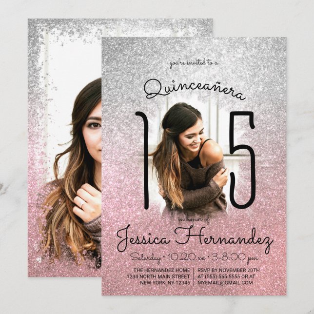 Silver Rose Gold Glitzer Ombre Foto Quinceañera Einladung (Vorne/Hinten)