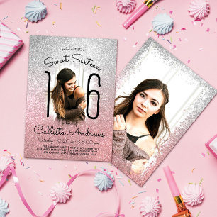 Silver Rose Gold Glitzer Ombre Halo Foto Sweet 16 Einladung